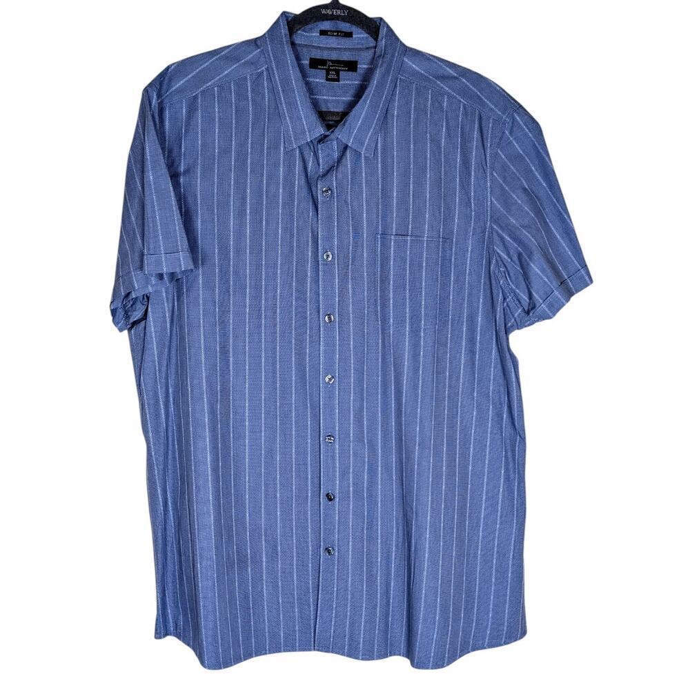 Marc Anthony Men XXL Slim Fit Blue Striped Spread Collar Short Sleeve Shirt